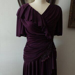 1980's Filigree Ltd Plum Knitwear Ruched Dress with Beaded Appliqué